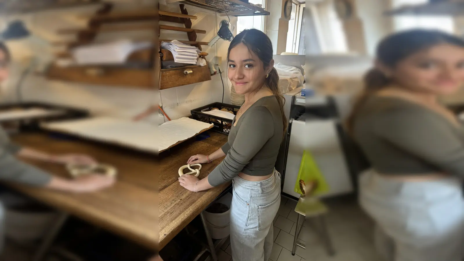 Gastschülerin Valeria als El Salvador backt ihre erste Breze in Weiden. (Bild: Florian Wenz)