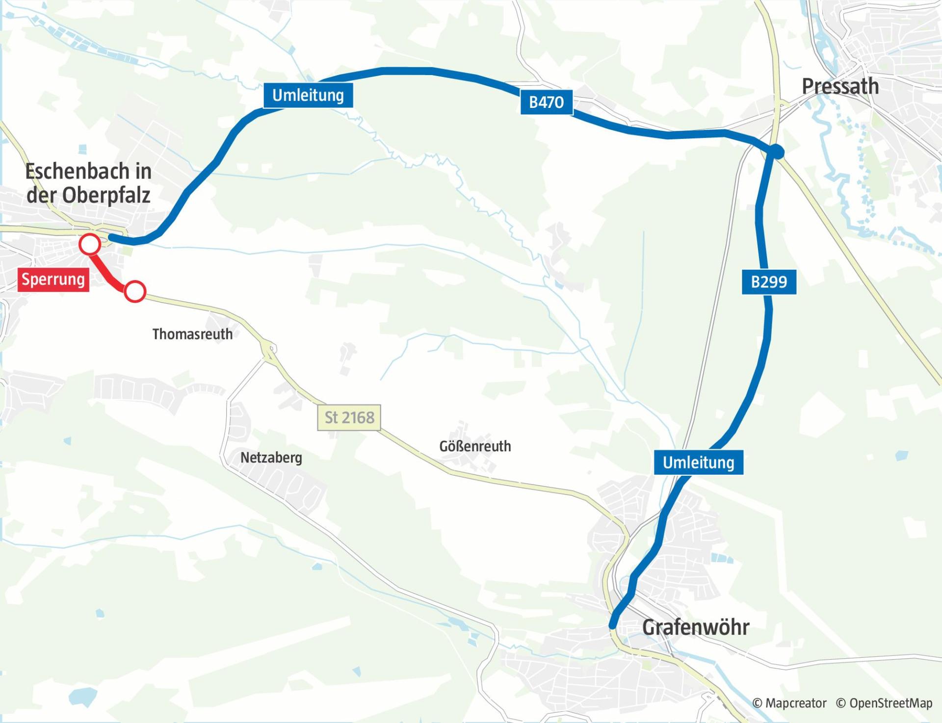 Um von Eschenbach nach Grafenwöhr und umgekehrt zu kommen, müssen Verkehrsteilnehmer bis Mitte Dezember die Umleitungsstrecke über Pressath fahren. (Grafik: Marina Gube)
