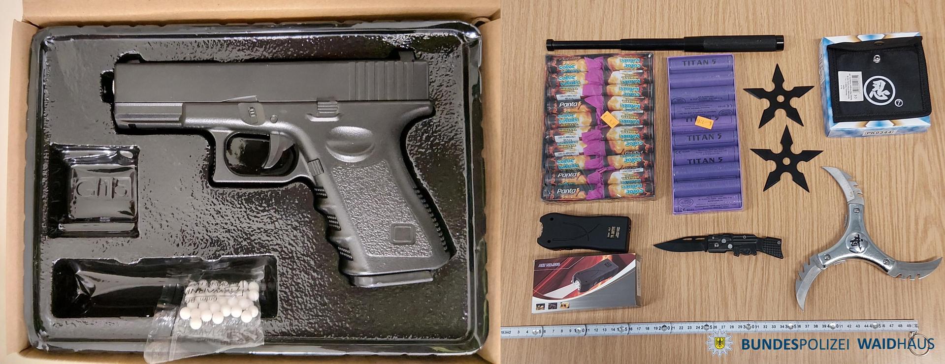 Die Bundespolizei Waidhaus hat bei einer Kontrolle mehrere Verstöße aufgedeckt, darunter den Besitz einer Softair-Pistole, der das erforderliche Prüfzeichen fehlte. (Symbolbild: Bundespolizei)