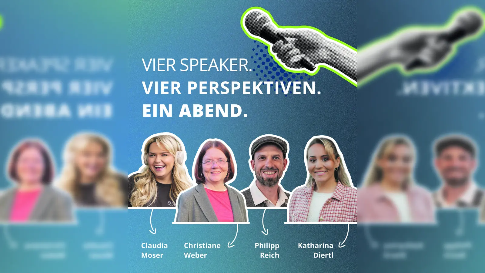 Vier Perspektiven: Claudia Moser, Christiane Weber, Philipp Reich und Katharina Diertl diskutieren bei der „Langen Nacht der Demokratie” über digitale Streitkultur.  (Grafik: Lisa Stauß)