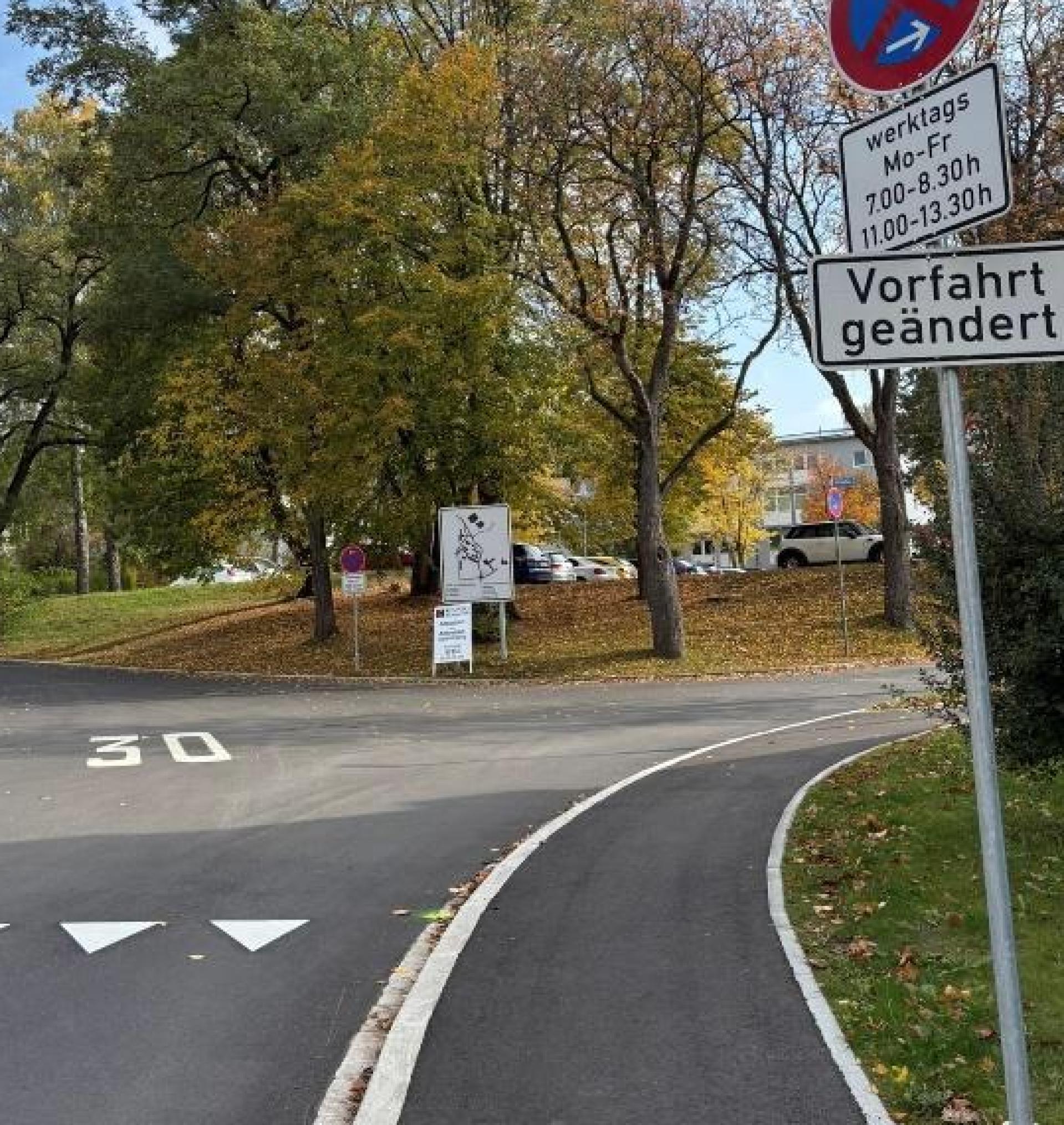 In drei Straßen in Neustadt wurde „Rechts vor Links” eingeführt – auch hier in der Georgstraße gilt nun die neue Vorfahrtsregelung. Markierungen am Asphalt und ein Schild weisen darauf hin.  (Bild: Julia Fienz)