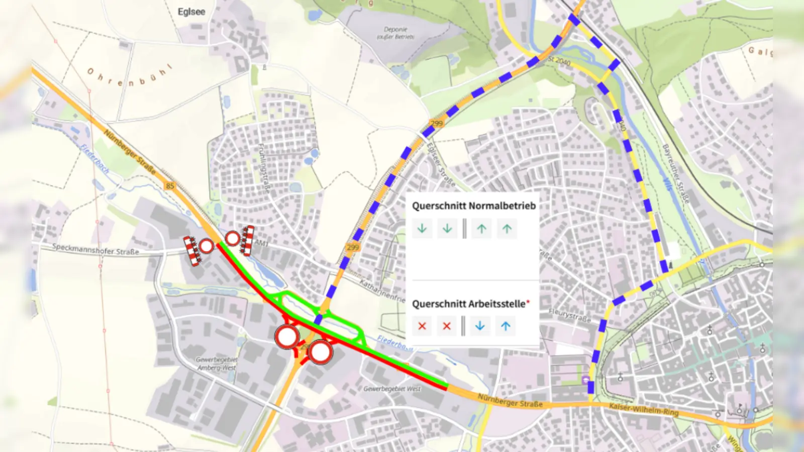 Im Bereich des „Amberger Schmetterlings“ werden die Richtungsfahrbahnen in zwei getrennten Bauphasen gesperrt. Es werden Umleitungen eingerichtet. (Bild: Staatliches Bauamt Amberg-Sulzbach)